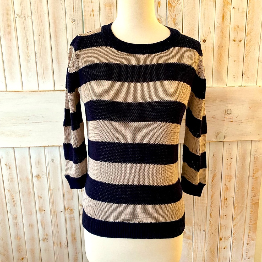 J.Crew three-quarter sleeve navy and beige striped sweater. Size S